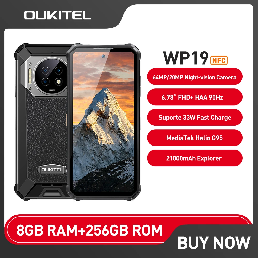 Oukitel WP19 Smartphone 8GB 256GB Android 12 Rugged Mobile Phone 21000mAh Night Vision 90 Hz Helio G95 64M Camera