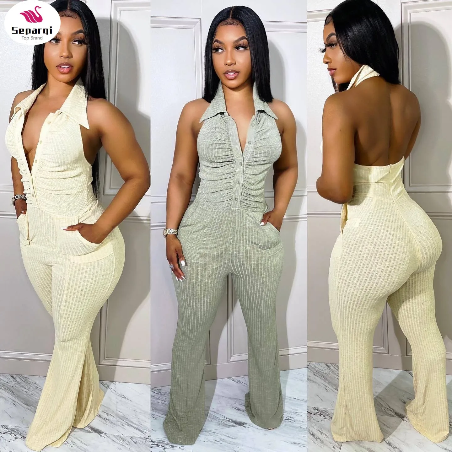 

Turn Down Collar Halter Sexy Jumpsuit Pocket Knitted Ribbed Backless Skinny Bodycon Rompers Clubwear Outfits Overalls