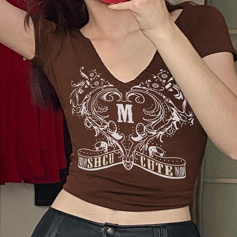 

Retro Graphic Printed Crop Top 90s Vintage Brown V Neck Short Sleeve Pullover Tees Women Y2K Aesthetic Grunge Harajuku T-shirt