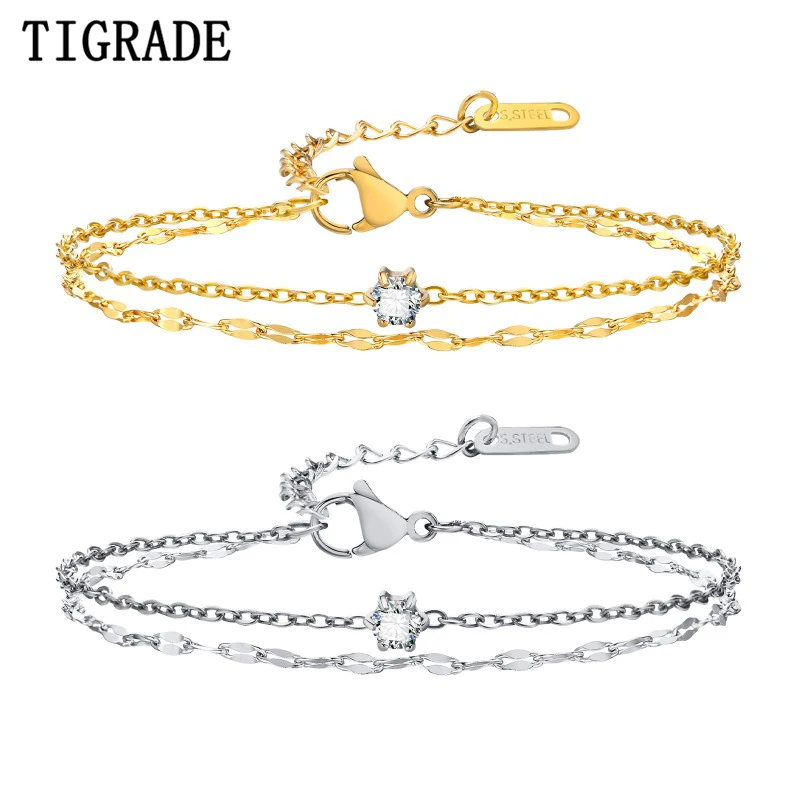 

Tigrade Classic Stainless Steel Double Layer Zircon Bracelet For Women Luxury Stackable Chain Bracelets Fashion Jewelry Gift