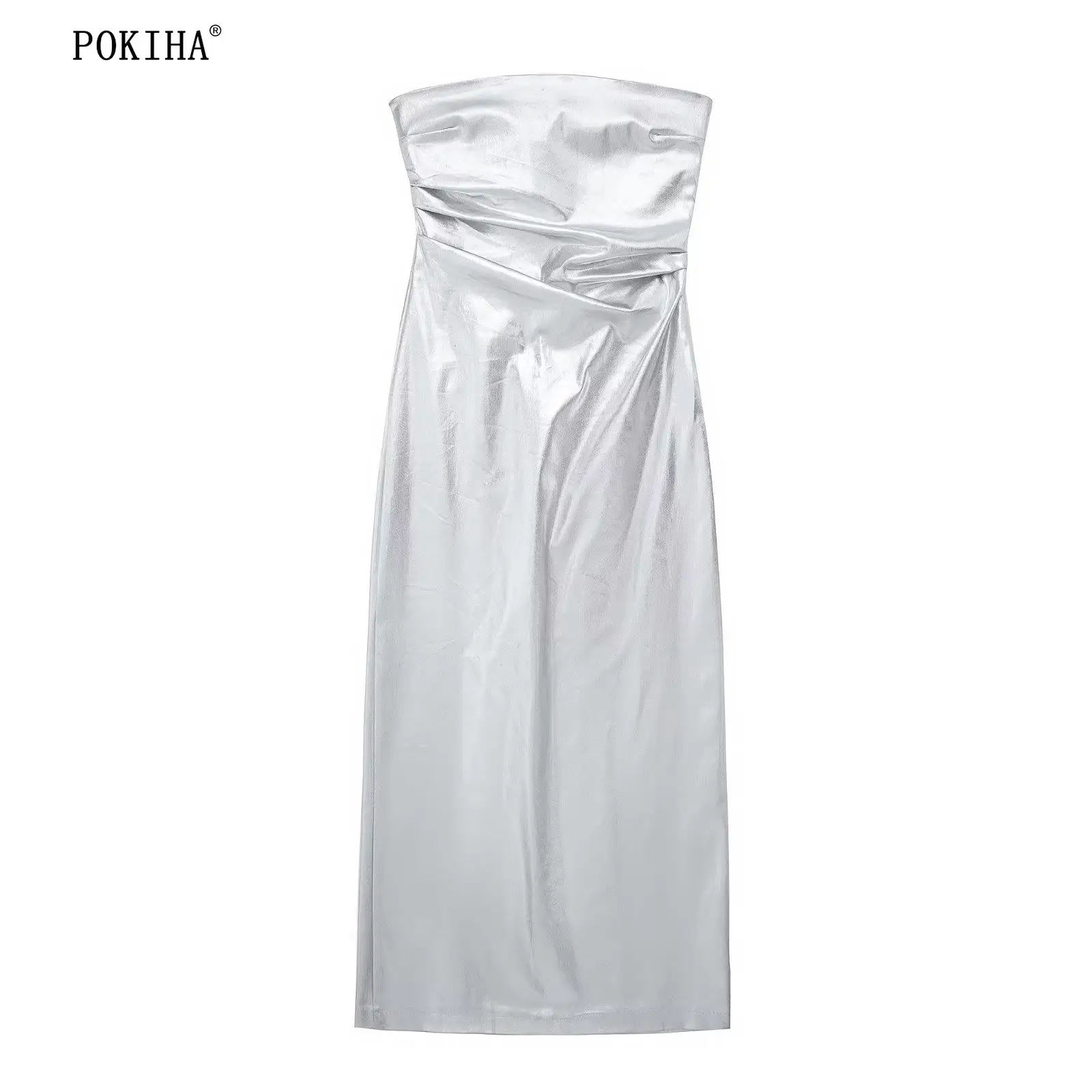 

Pokiha Fashion Women Strapless Metallic Back Split Slim Midi Dress Pleated Female Chic Zipper Sleeveless Off Shoulder Vestidos