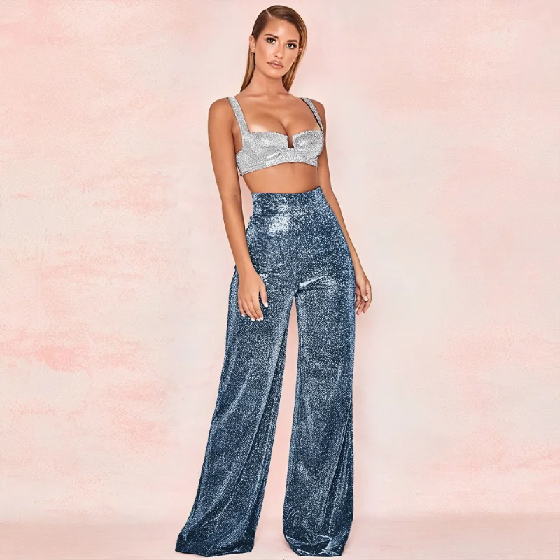 

Europe America Autumn Ladies Hot Silver Wide Leg Trousers Korean Version High Waist Straight Tube Streetwear Women Casual Pants