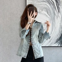 2022 korean cross strap denim women coat with belt wide waisted casual clothes sexy jean jackets