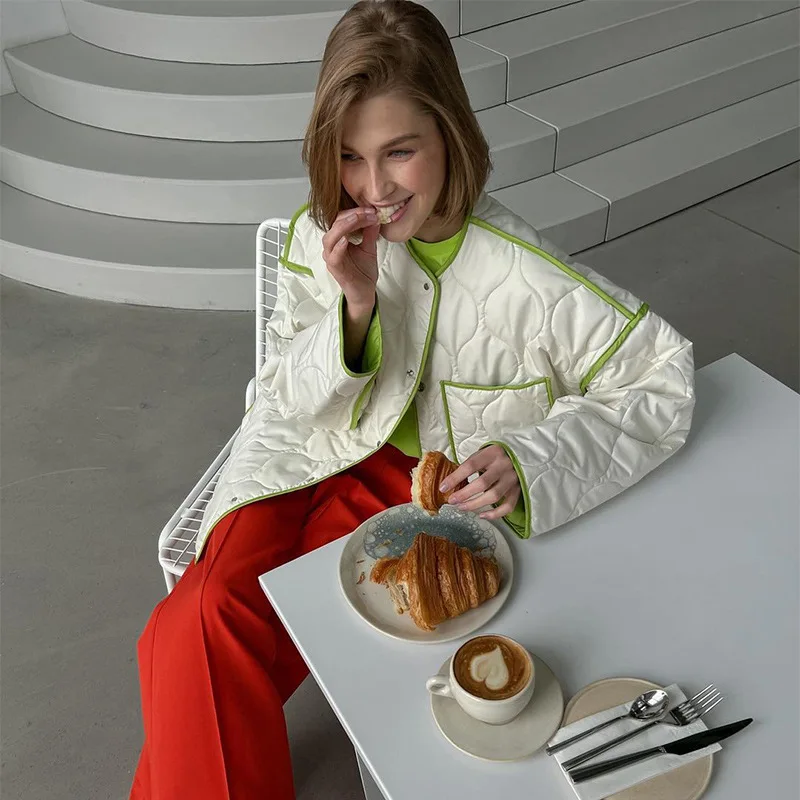 2023 Autumn Women's Cotton-padded Jacket Green Solid O-neck Single Breasted Pockets Long Sleeve Female Elegant Ladies Clothes