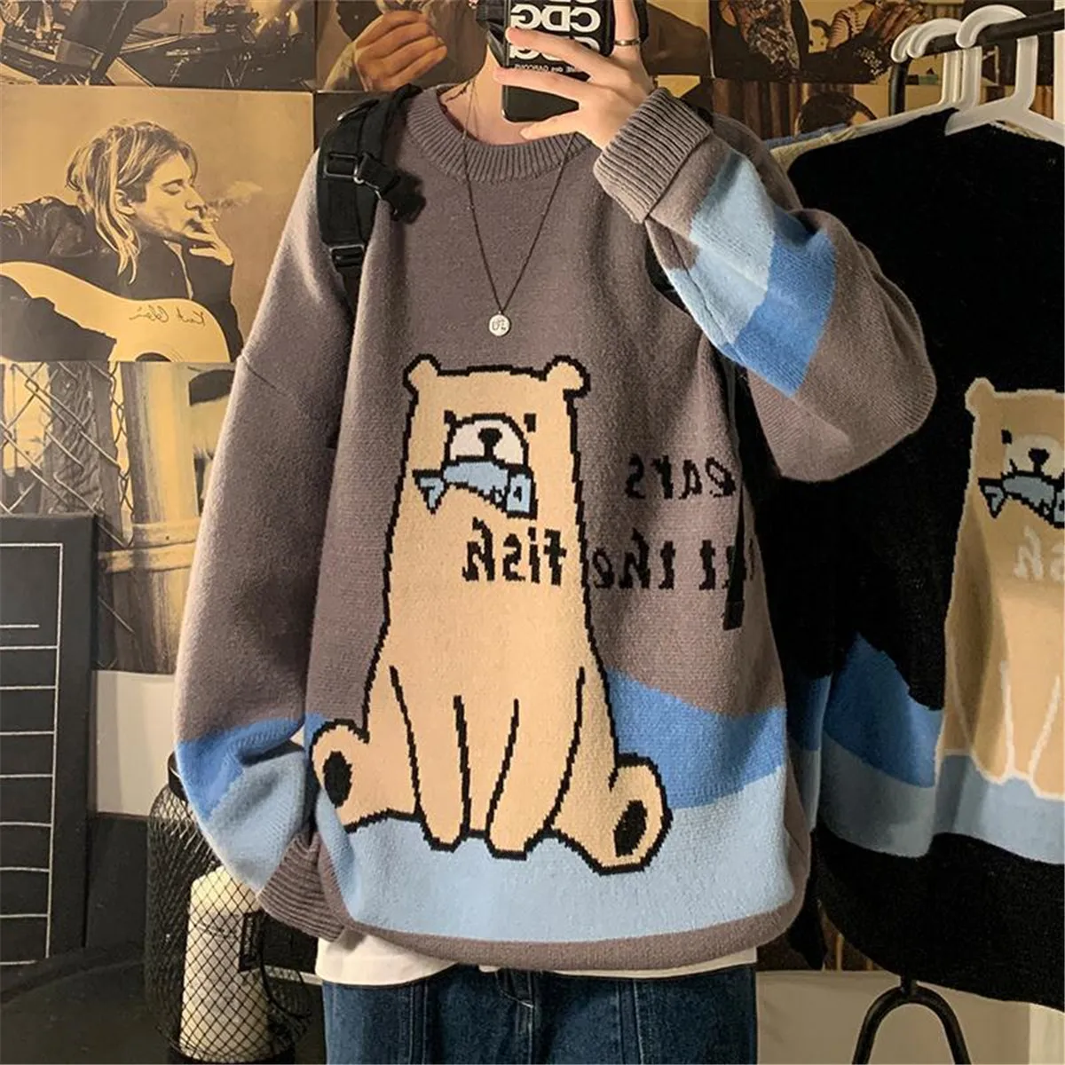 

Свитер с симпатичным медведем, джемпер, весенний Повседневный Свободный вязаный свитер в стиле хип-хоп для улицы INS, крутой осенний свитер в стиле панк для пар, уличная одежда для девочек