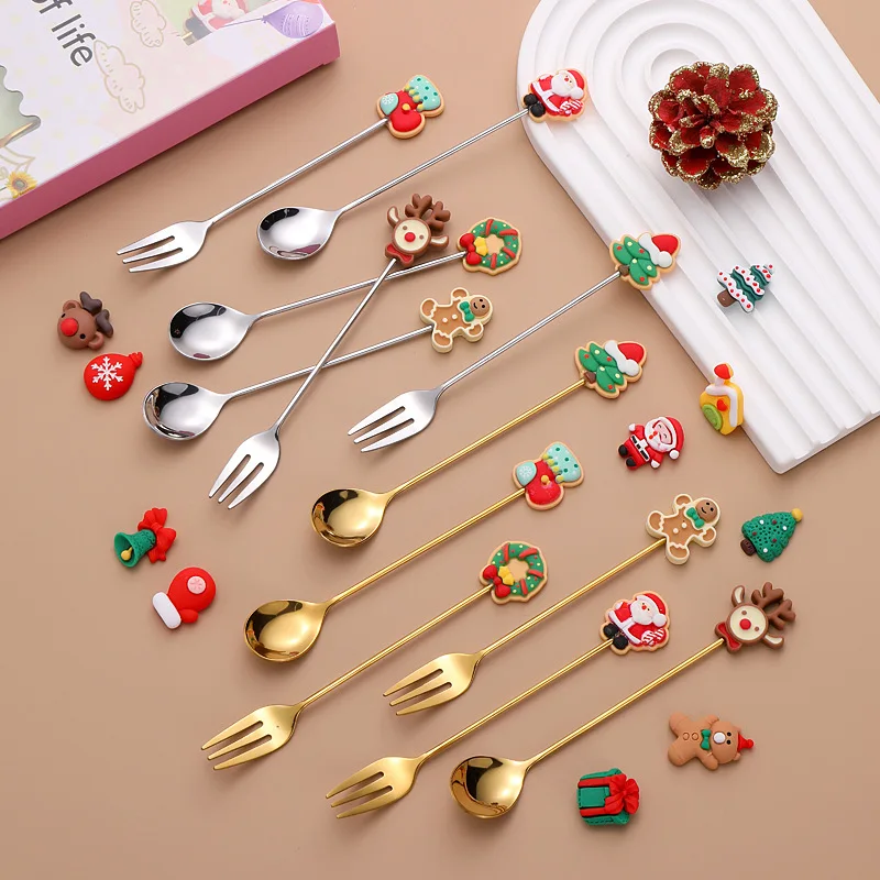 

2/1PCS Christmas Tableware Set Stainless Coffee Dessert Spoons Fork Xmas Gifts Christmas Decoration 2023 New Year Home Decor