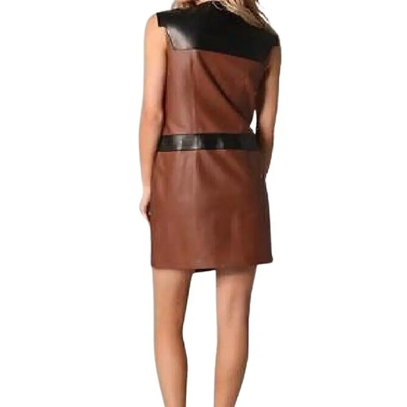 Women Zipper Dress 100% Genuine Lambskin Leather Party Casual Club Dress