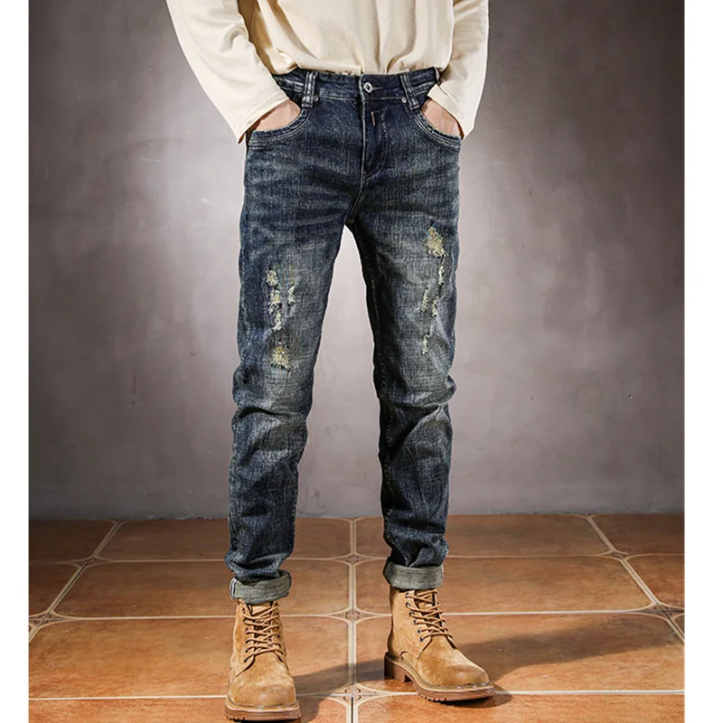 Streetwear Men Autumn and Winter New Pattern Self-cultivation Elastic Force Blue Pencil Pants Recreational Ripped Jeans Female