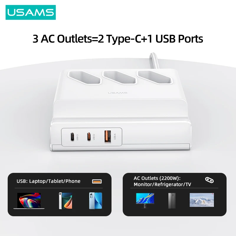 

USAMS P1 PD 65W Fast Charger QC AFC FCP Electrical Socket With 2m Extension Cable For Macbook Pro iPhone iPad Laptop Phone