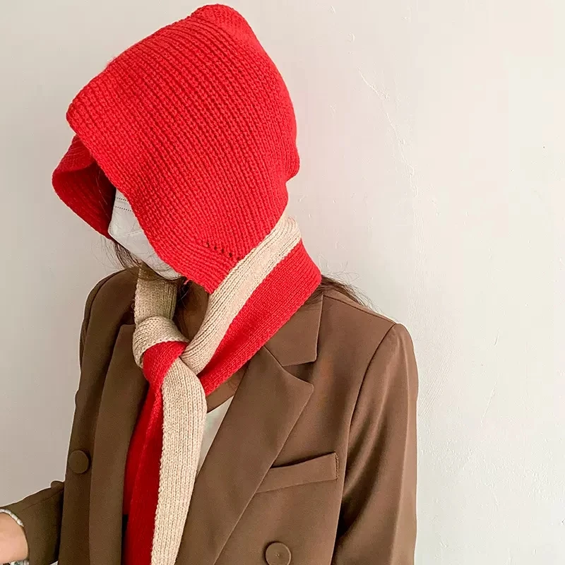 

Retro Red Riding Hood Knitted Wool Beanie Hat Autumn Winter Korean Internet Celebrity Balaclava Hat for New Year Christmas Gift