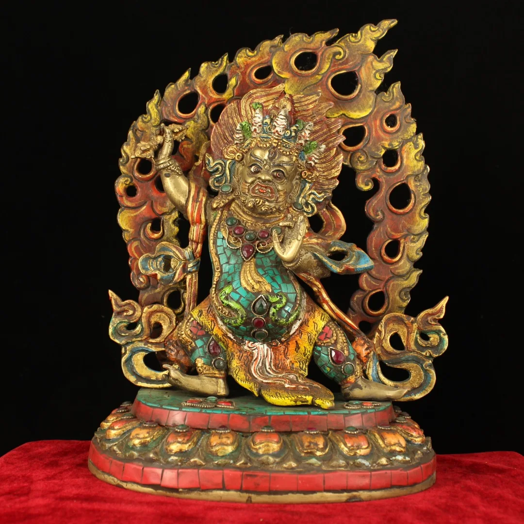 

11"Tibetan Temple Collection Old Bronze outline in gold mosaic Gem Turquoise Vajradhara Buddha Backlight Worship Hall Town house