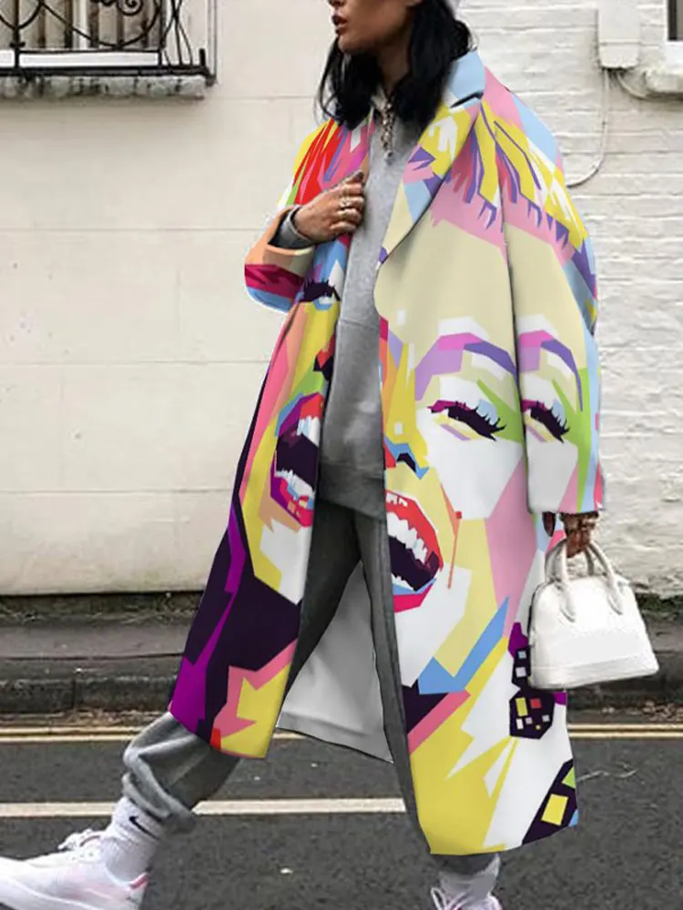 Зимнее длинное теплое Женское пальто с принтом лица свободная повседневная