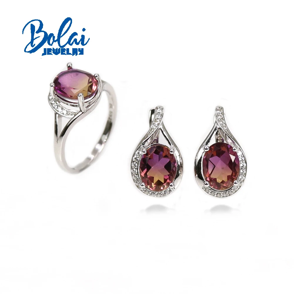 New Doublet Ametrine oval 8*10mm quartz ring earrings jewelry set 925 sterling silver simple design women fine jewelry