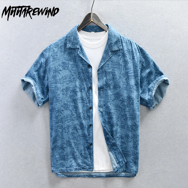 

New Summer Holiday Beach Shirts for Men 100%Cotton Comfortable Denim Floral Short Sleeve Outdoor Casual Tops Design Korean Style