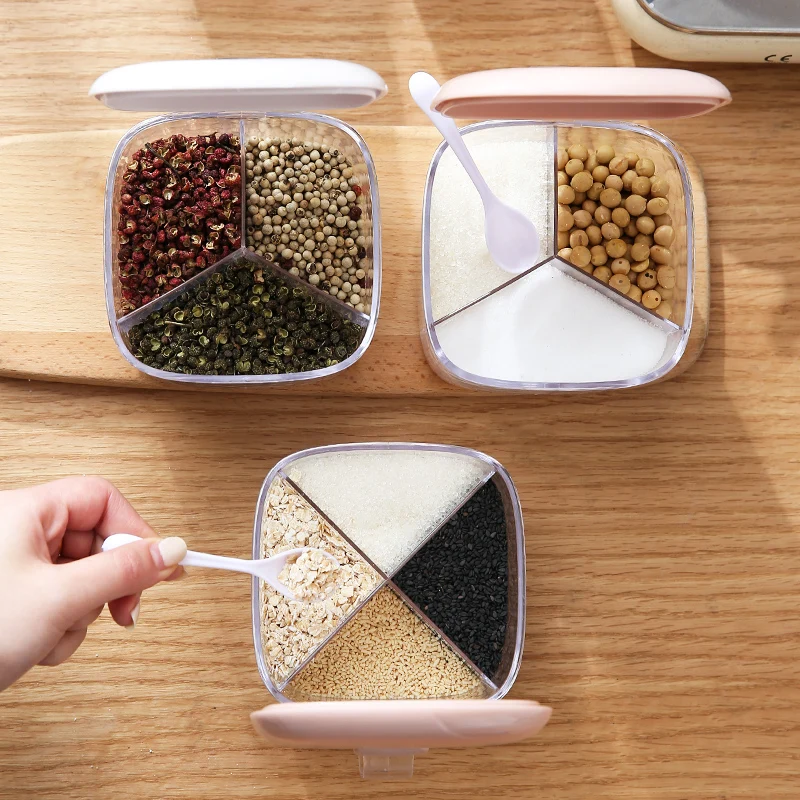 

Spice Box Set Four Grid Kitchen Supplies Salt Jar Household Multi-Grid Storage with Lid Condiment Dispenser Seasoning Organizer