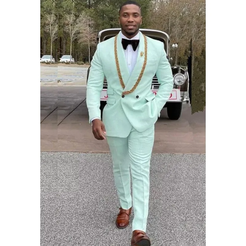 Men's Suit Two-Piece Solid Color Mint Green Slim Double Breasted Fashion Lapel Trousers For Casual Business Party Groom Groomsme