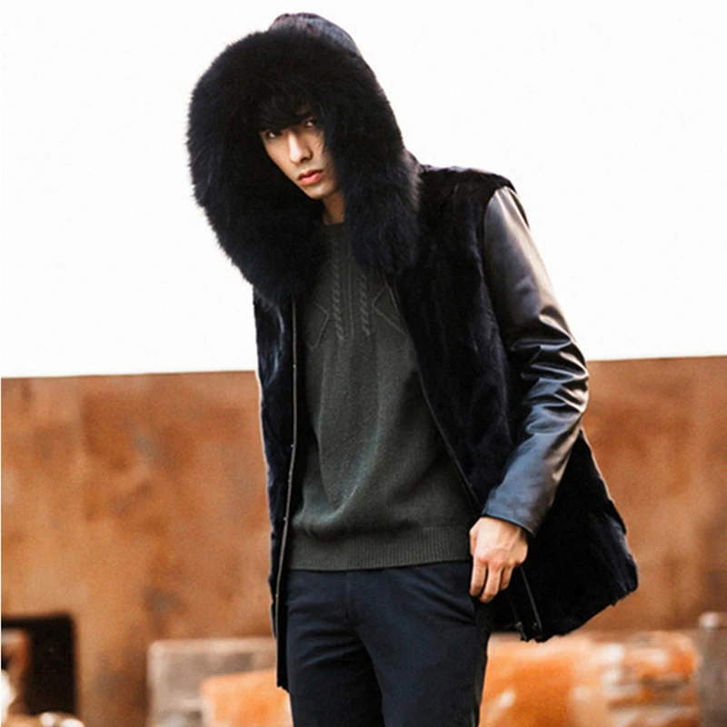 

Men's Fur Coat Imitation Mink Fur Hat Coat Male Long Fox Fur Collar Leather Coat Europe And The United States Large Code Jacket