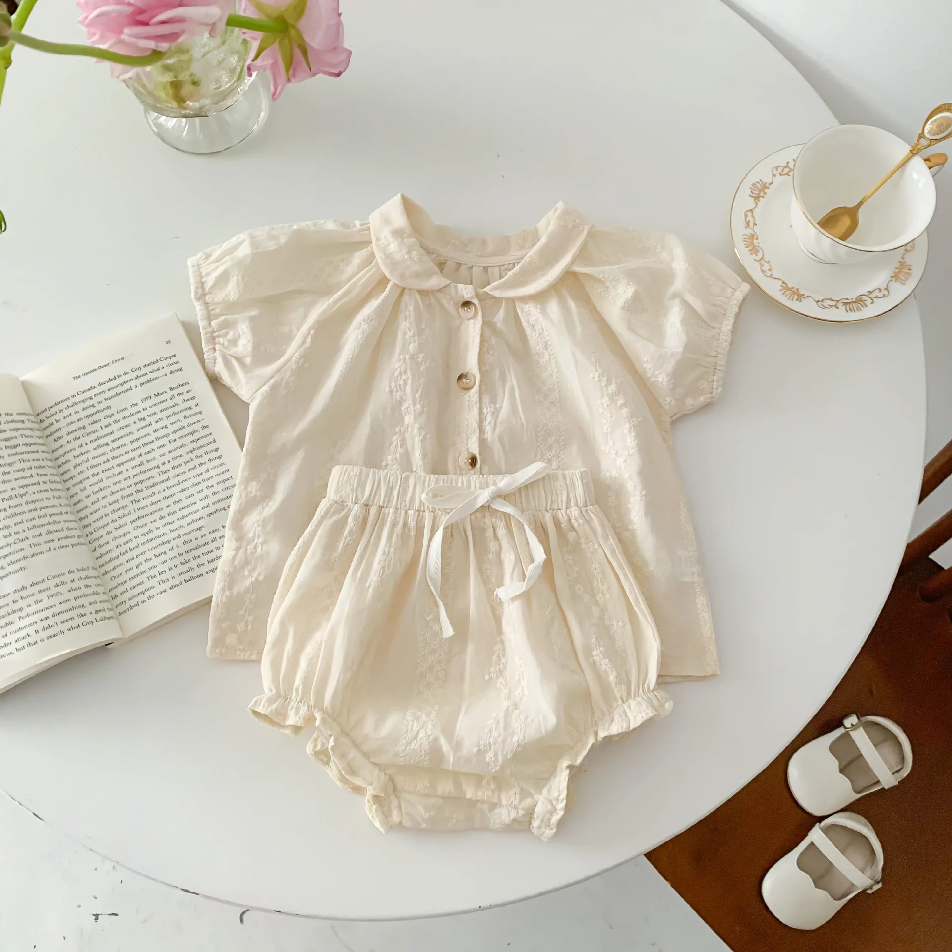 

Baby Set for Girls Spring Summer Infant Solid Short Sleeve Blouse+rompers Newborn Suits Kids Baby Children Costumes