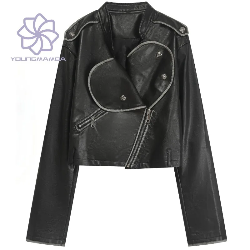

Retro Motorcycle Jackets Women 2023 Long Sleeved Pu Leather Jacket Female Vintage Streetwear Loose Solid Coats