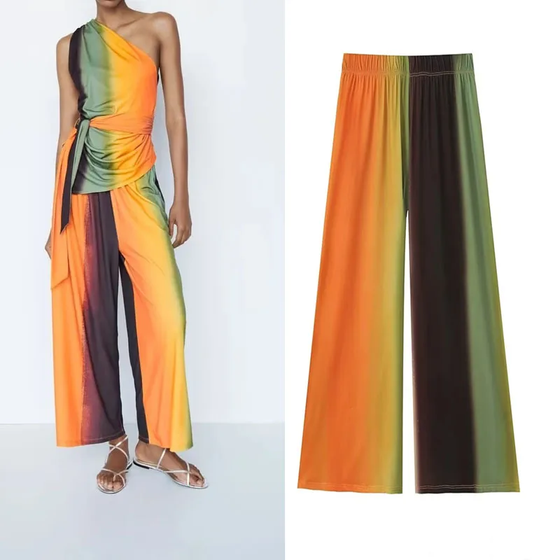 

Женские брюки с широкими штанинами TRAF, оранжево-зеленые укороченные цветочные модные брюки, элегантные брюки со средней посадкой и эластичным поясом на лето 2023
