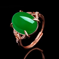natural chinese green chalcedony hand carved water drop ring fashion jewelry men and women green agate open adjustable ring