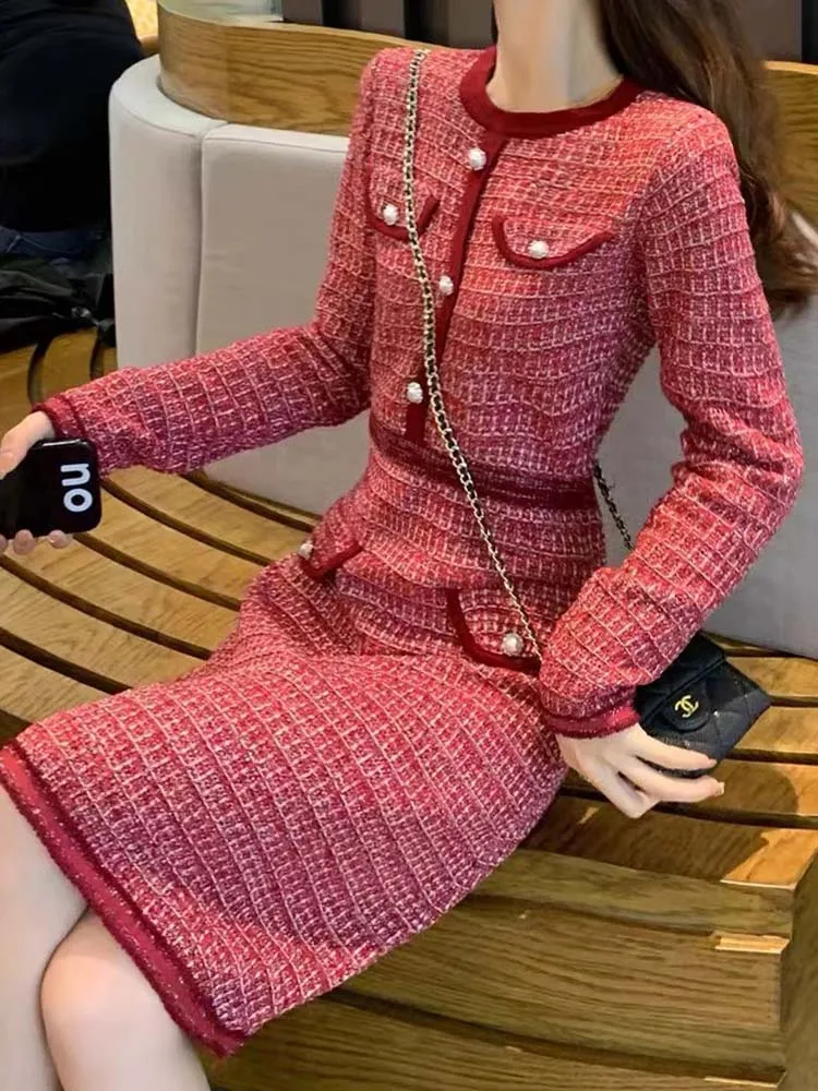 

High Quality Knitted Skirt High Waist Slim Pullover Long Sleeve Dress 2022 Autumn New Fashion Women'S Clothing