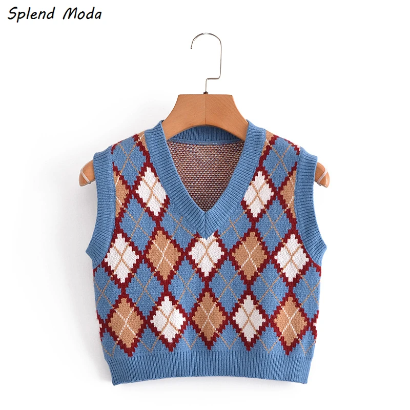 

Женская трикотажная жилетка без рукавов Splend, повседневная винтажная Свободная майка контрастных цветов с V-образным вырезом и стразами, вес...