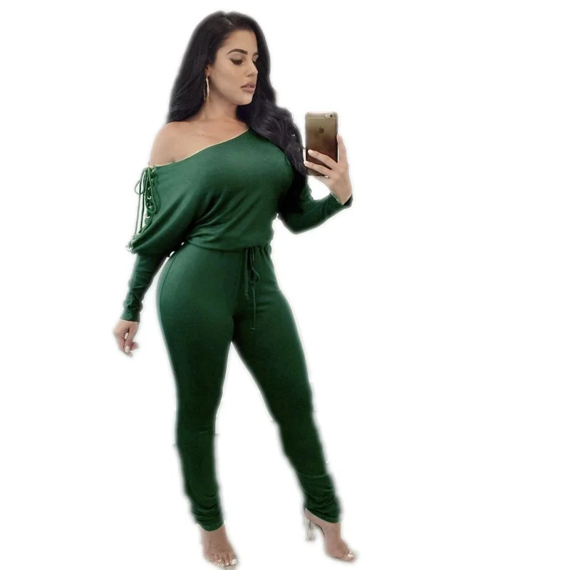 Women's Jumpsuits & Rompers Women Off Shoulder Batwing Sleeve Hollow Out High Waist Thin Lace Up Jumsuit Casual Jumpsuit For