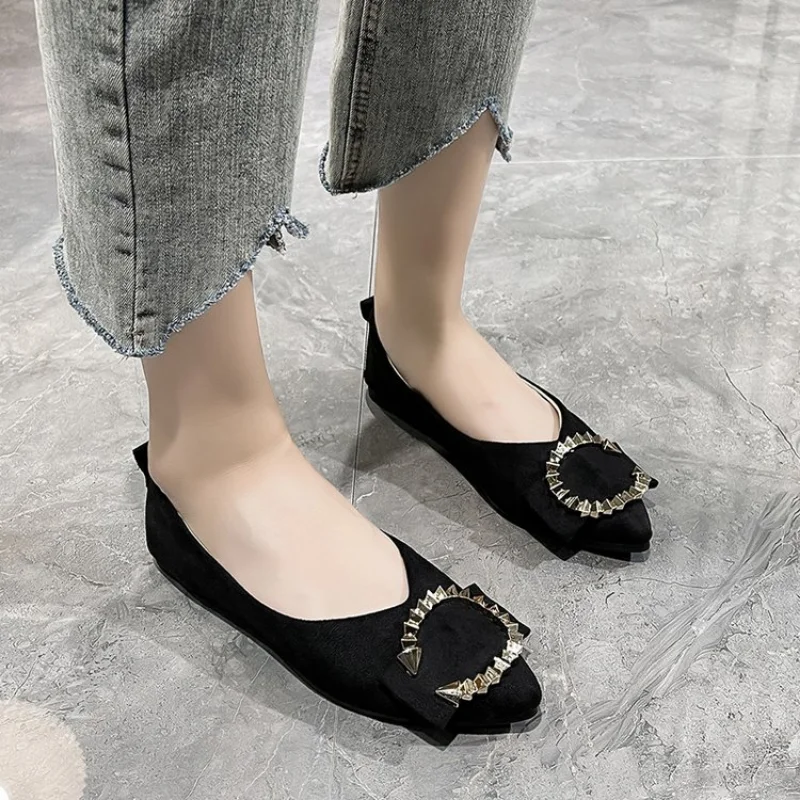 

Women Flats Flock Leather Pointed Toe Lady Flat Heel Shoes Slip on Bowknot Plus Large Size 35-43 Spring Summer Shallow Mouth