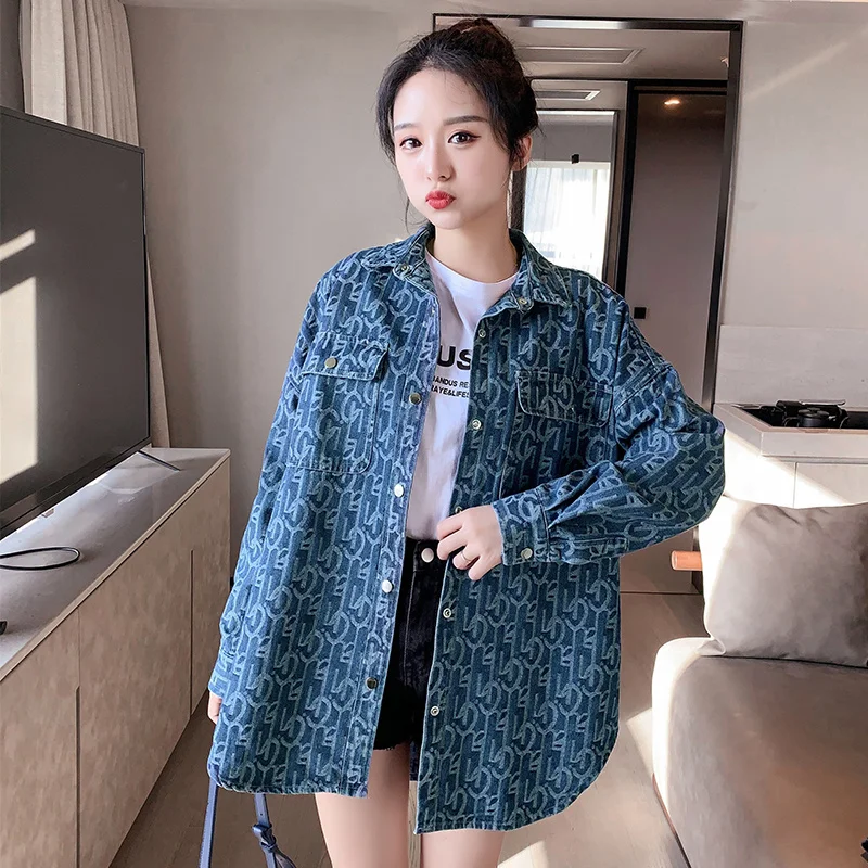 

#3353 Blue Denim Shirts Women Long Sleeved Loose Turn-down Collar Casual Vintage Jeans Shirts Mid-length Woman Shirts Retro