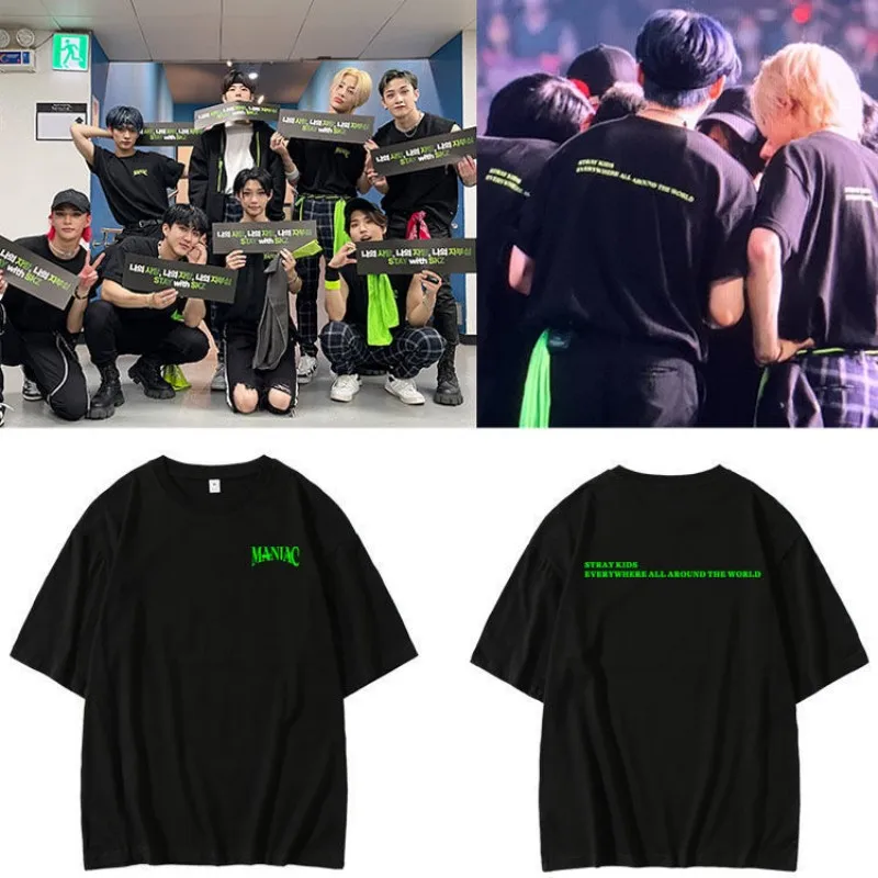 

Stray Kids T-shirts SKZ MANIAC Concert Cotton Tshirts Korean Idol Team Oversized Tees Kpop Green Printed Letter Black Summer Top