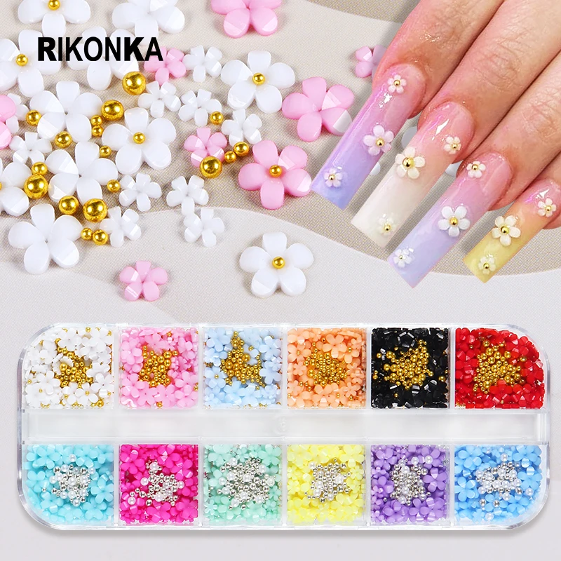 

12 Colors Acrylic Flower Mix Caviar Nail Art Rhinestones Kit For Manicure Gold Silver Tiny Beads Summer Kawaii Nails Accessories