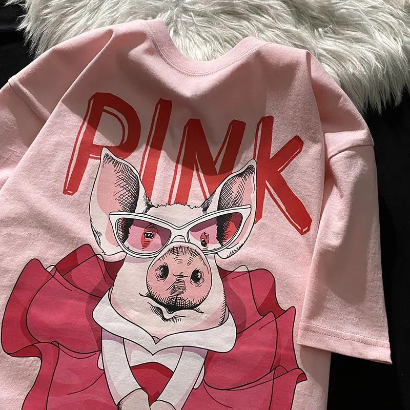 

Heavy cotton short sleeved T-shirt men's summer design niche cute pig half sleeved T shirt loose casual y2k tops women clothing