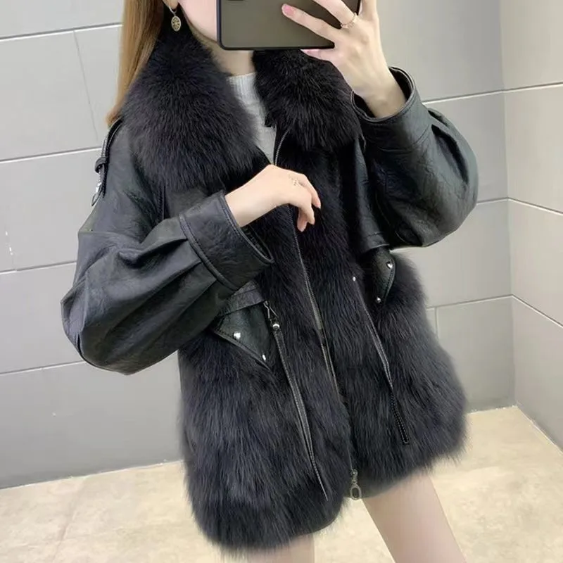 Autumn Winter Warm Women's Faux Fur Lady Moto Biker PU Leather Fur Collar Patchwork Jacket 2022 New Black Outerwear Female