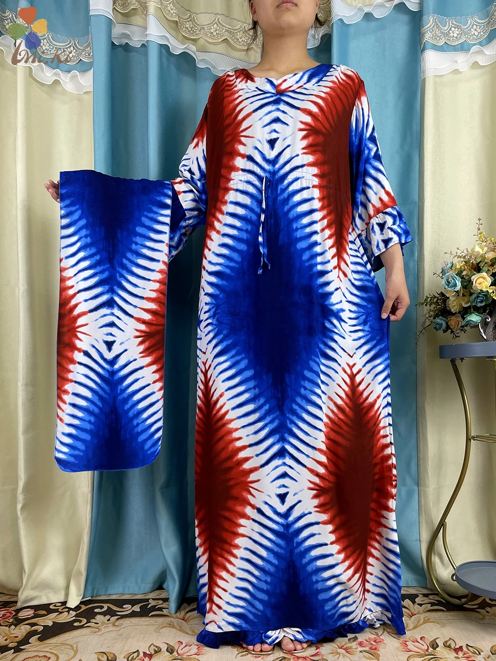 Muslim Abaya Dress New African Women Long Sleeve Belt Colorful Dashiki Cotton Floral Dress Paired with Scarf Casual Clothing
