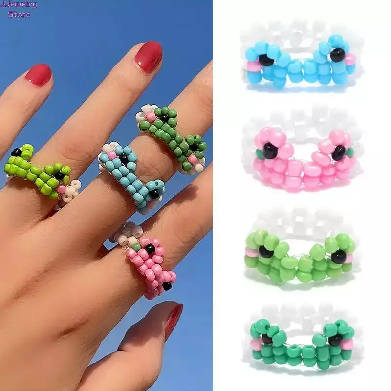 

Bohemian Cute Style Beaded Rings Cartoon Creative Resin Acrylic Frog Ring Personality Braided Beads Ring Jewelry 2022