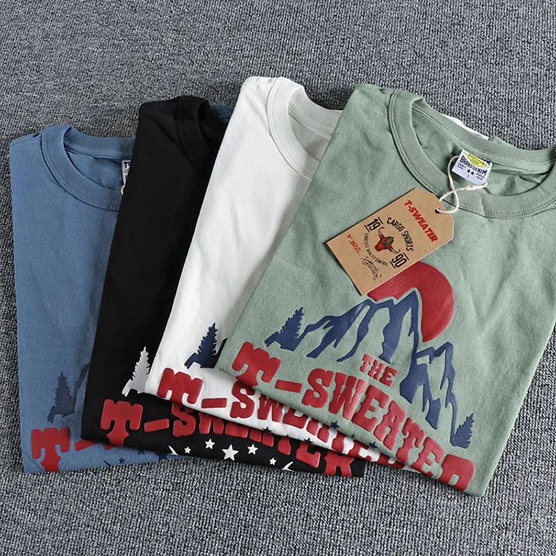 

Summer New American Retro Short Sleeve O-neck Outdoor Printed T-shirt Men's Fashion 100% Cotton Washed Old Youth Casual Tops