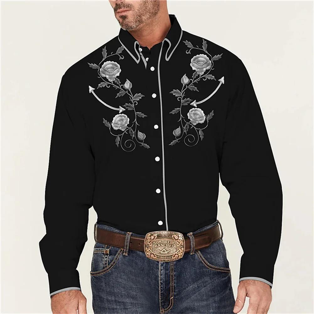 New men's Western style printed shirt, flower pattern, outdoor street short sleeved printing, fashionable street clothing, 2023