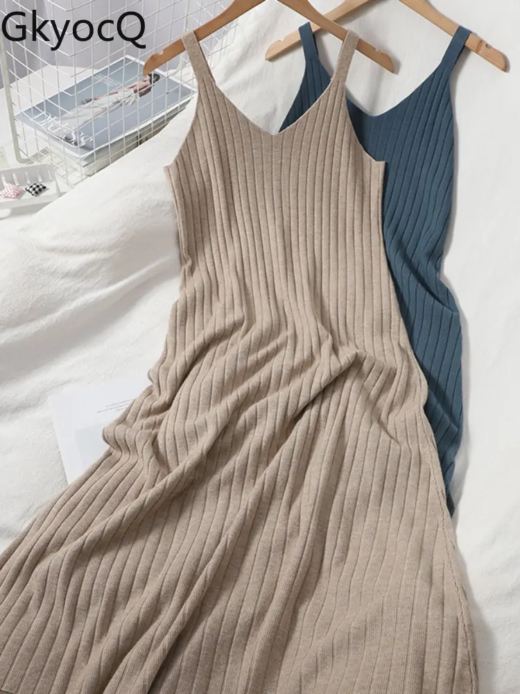 

Korean Women Dress With Double V Neck Slant Straps Slim Autumn Solid Knit Dress Large Swing Skirt 2022 Women Fashion Dressing
