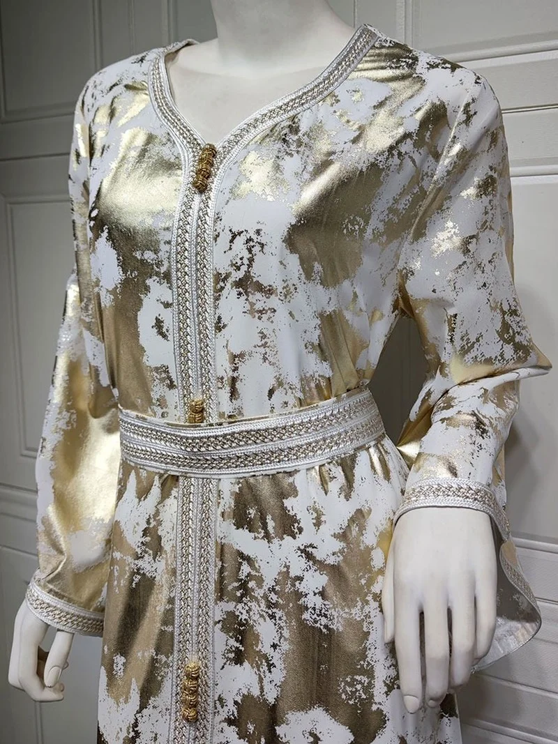 Arab Kaftan Jalabiya Women's Gold Stamping Lined Chiffon Muslim Long Dress Moroccan Caftan Evening Party Wedding Abaya Ramadan