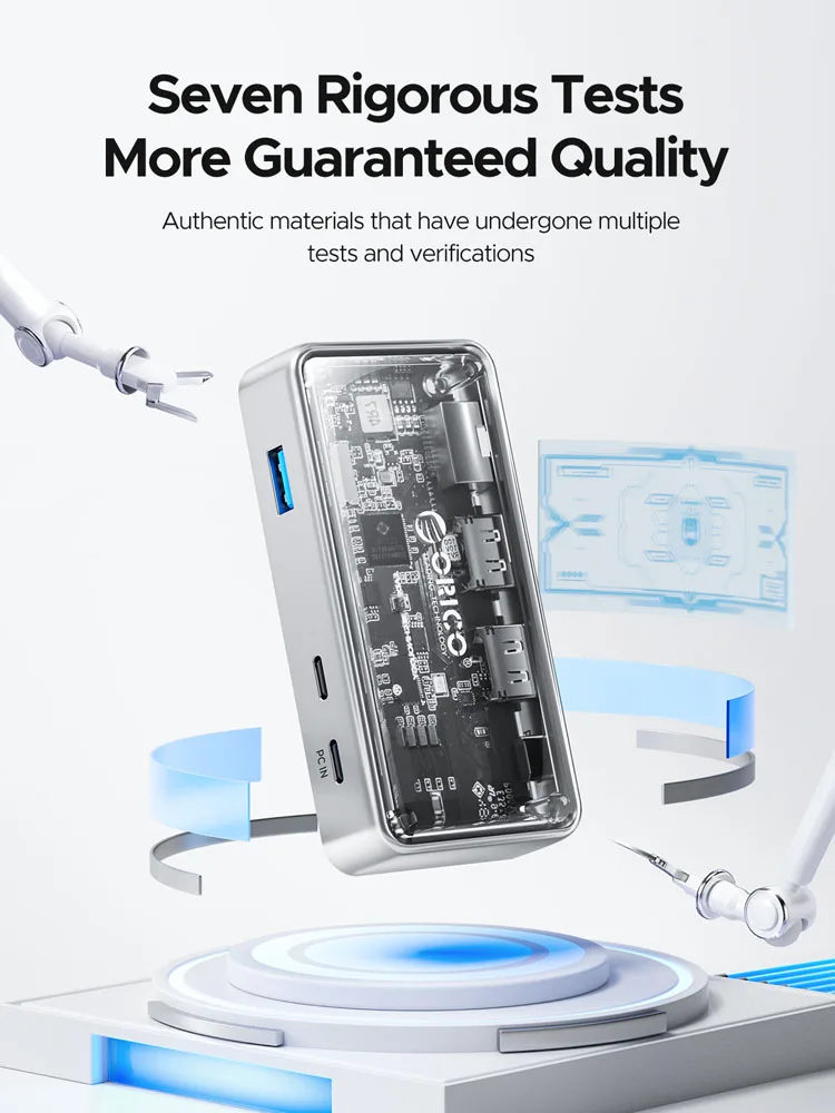 Фото Док-станция ORICO Transparent USB C MST с поддержкой трех дисплеев 4K@60Hz, USB3.2 Gen2 10Gbps, Ethernet 2.5G, PD100W, многопортовый адаптер №2