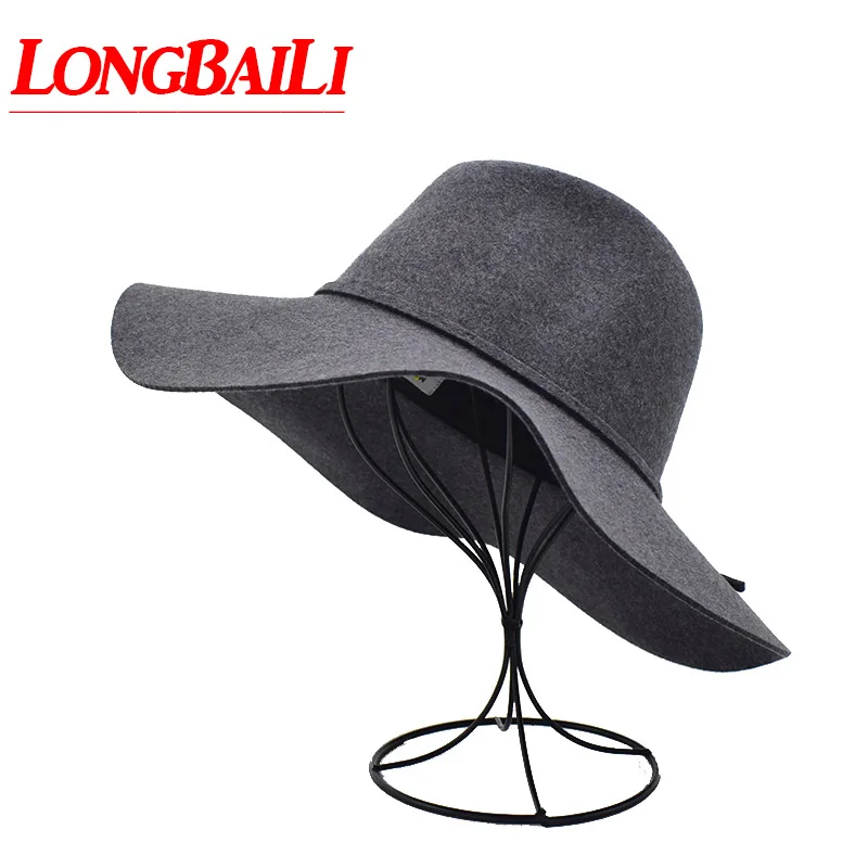 LongBaiLi Winter Large Brim Wool Felt Fedora Hat For Women Chapeu Feminino Female Sun Hats PWSV017