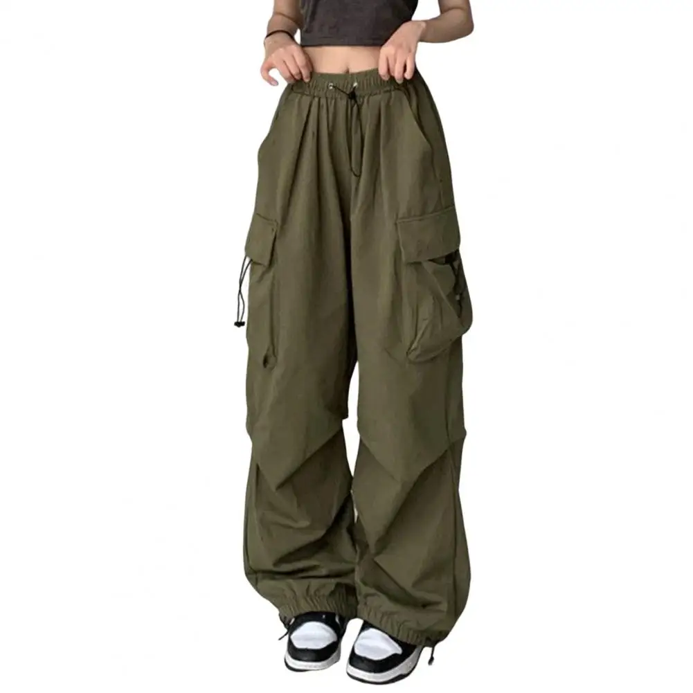 2023 Women Cargo Pants Hip Hop Baggy Solid Color Multi Pockets Elastic Waist Loose Lady Trousers Streetwear Women Clothes