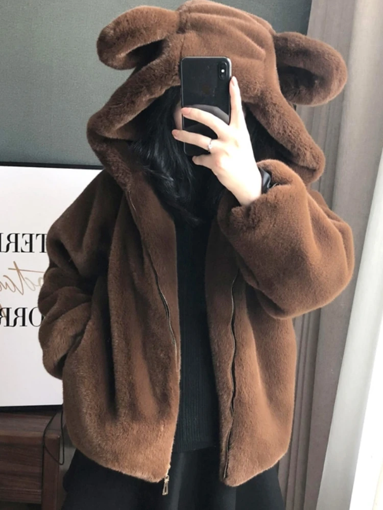 Young New Winter Imitation Fur Cute Hooded Bear Lamb Wool Mid-Length Coat Female