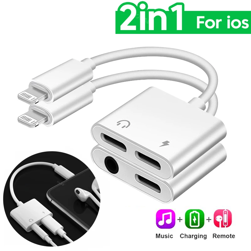 

2 In 1 Audio Adapter For iPhone 11 12 Pro Max xXS Aux Jack Headset Lighting 3.5mm To Headphone Splitter Charging Earphone Cable