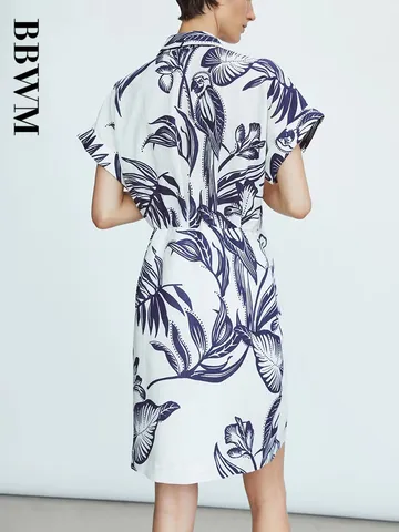 Leaf Printed Linen Minimalist Women's Fashion Dress Short Sleeved Lapel Casual Vacation Chic Female Dress