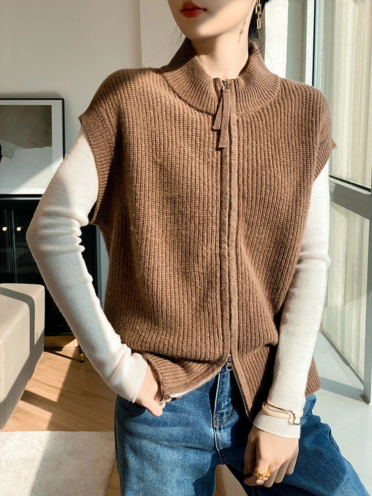Осень-зима 2024 новая водолазка кардиган из чистой шерсти женский свободный жилет
