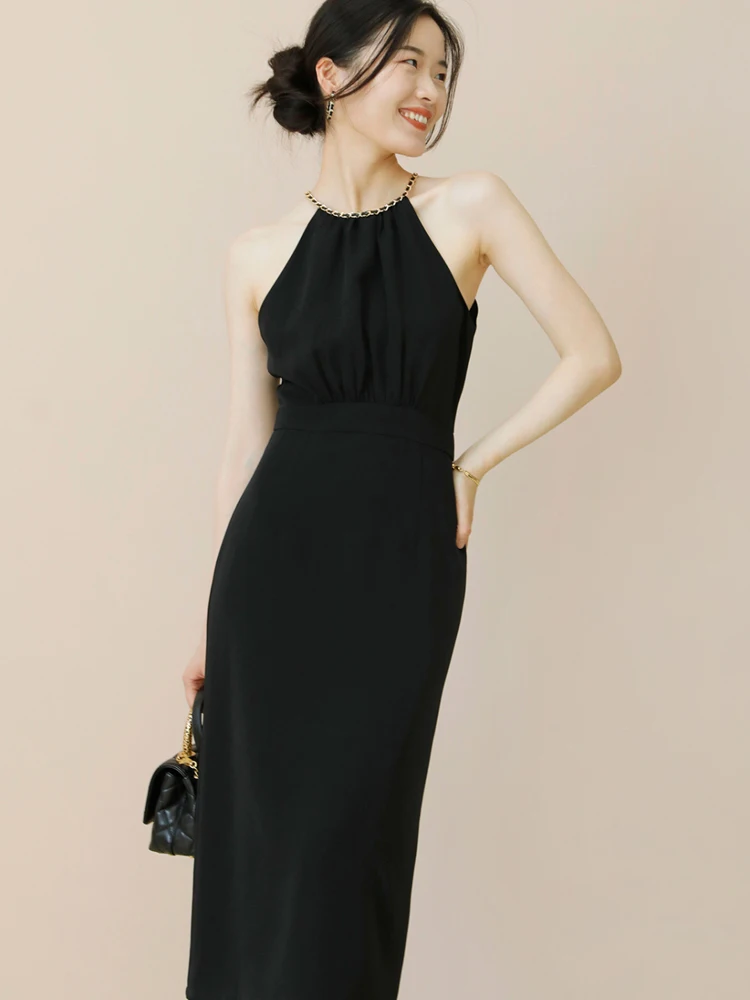 

Маленькое черное платье с подвесным воротником, новое винтажное платье, одежда для женщин, летнее платье для женщин, длинные платья, женские вечерние платья