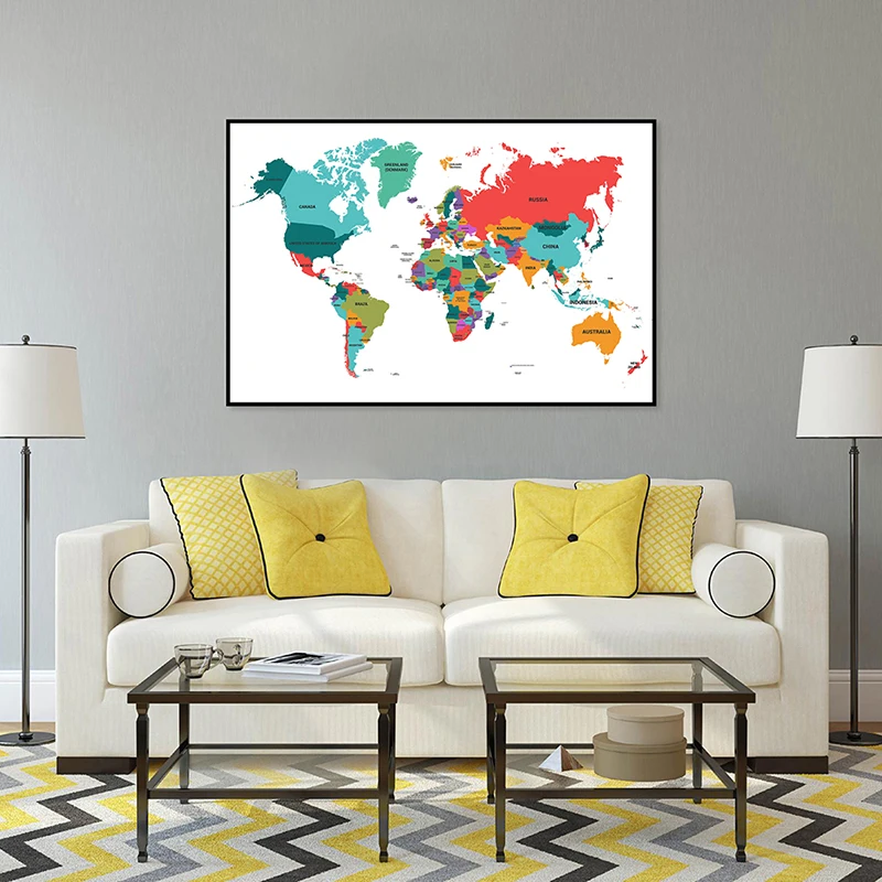 

The World Map In English 84*59cm Wall Unframed Print Non-woven Canvas Painting Decorative Poster School Classroom Supplies