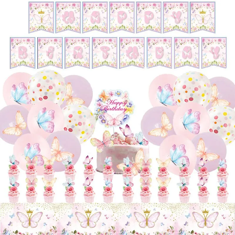 

Sursursurpirse бабочка, искусственное украшение, розовый набор воздушных шаров, цветочный баннер, торт, Топпер, для девочек, товары для дня рождения